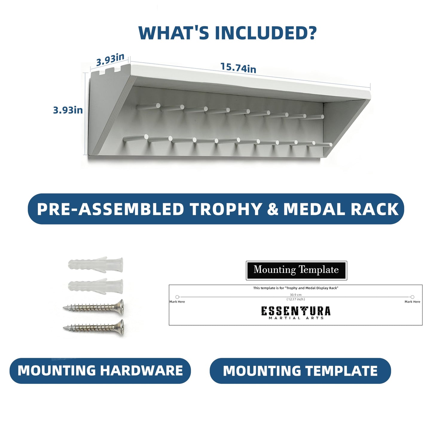 Medal Hanger Display and Trophy Shelf with Hooks - Wooden Medal Holder for Wall Mount Ribbon Display, Trophy Display Shelf for Gymnastics, Soccer, Running Race Medals Awards Rack (WHITE, 16")