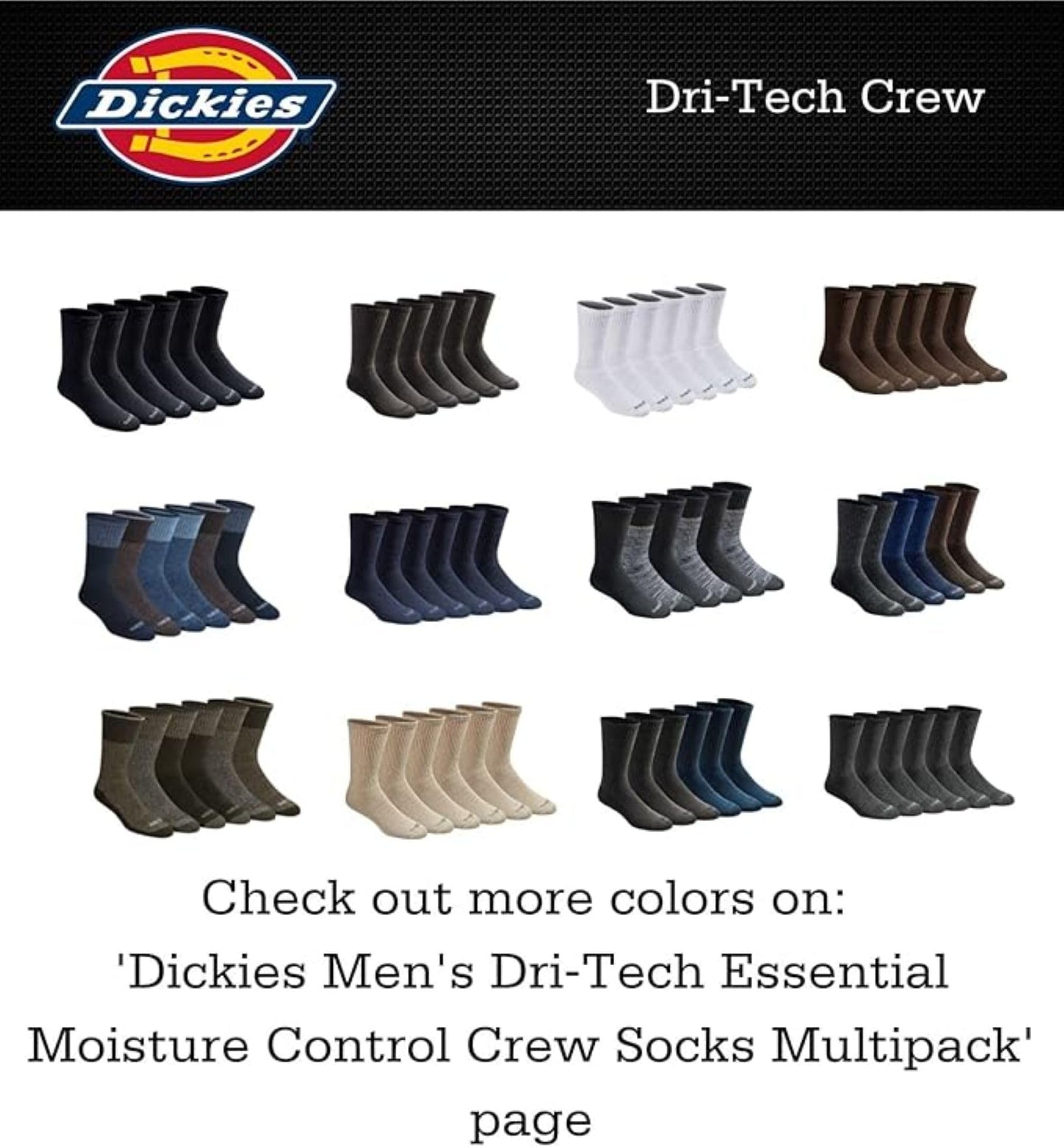 Dickies Dri-Tech Original Moisture Control Crew Socks, Available in M-XXL (6, 12, 18 Pairs), Black (6 Pairs), Large