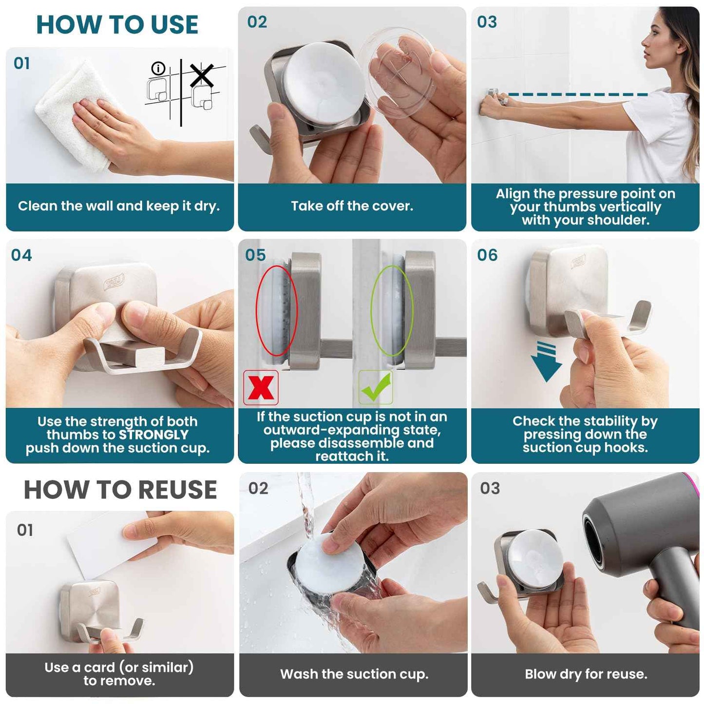 TAILI Stylish 304 Stainless Steel Bathroom Suction Hooks for Towel, Bathrobe, Loofah, No Damage Hanging Glass Shower Wall Hook, Patented Strong Suction Cup Holder, Hold Up to 11 Lbs, U-Cuboid Silver