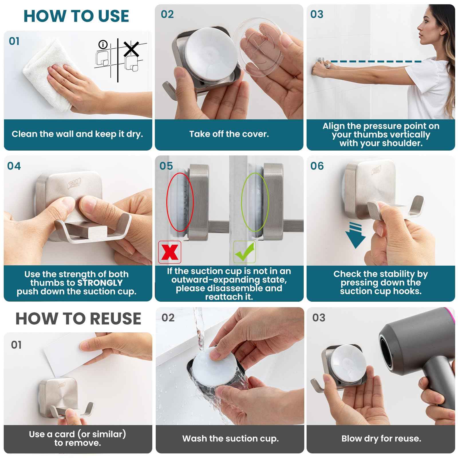 TAILI Stylish 304 Stainless Steel Bathroom Suction Hooks for Towel, Bathrobe, Loofah, No Damage Hanging Glass Shower Wall Hook, Patented Strong Suction Cup Holder, Hold Up to 11 Lbs, U-Cuboid Silver