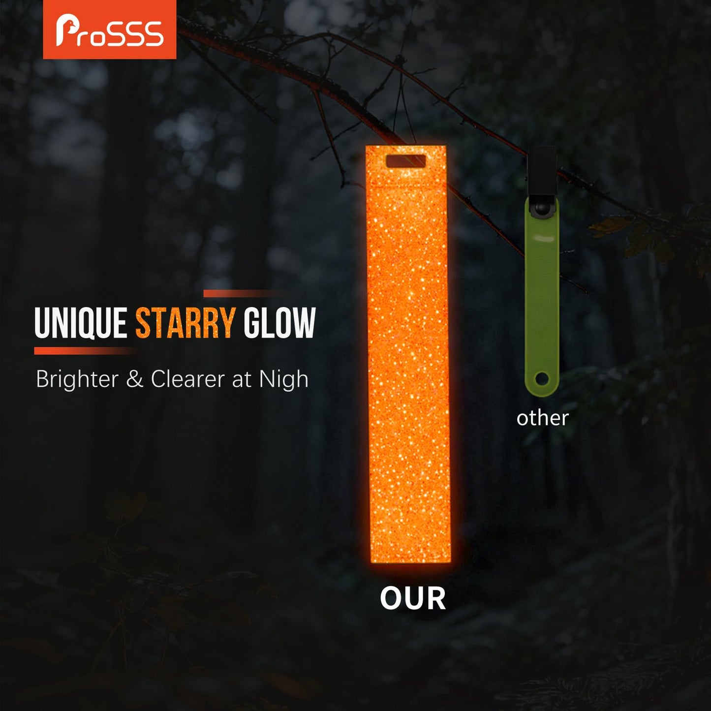 ProSSS Reflective Trail Markers for Hunting & Hiking, Large 150×30mm Reflective Strips (24/48 pcs), Fluorescent Orange & Yellow with Starry Reflective Dots, High Visibility Tree Clips & Carry Bag