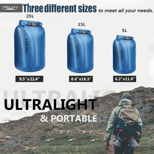 Frelaxy Waterproof Dry Bag Set - Lightweight & Durable 5L, 15L, 25L for Hiking, Camping & Boating | 3 Pack - Blue