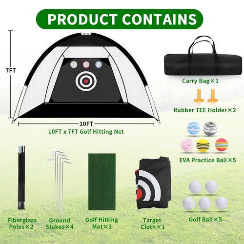 Horyliin Golf Practice Net, 10x7ft Green Golf Hitting Training Aids Nets with Target and Carry Bag, Golf Net for Father Day‘s Gift Backyard Driving Chipping Training Indoor Outdoor Use