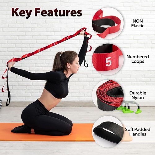 Acozycoo Yoga Stretching Strap - 10 Loops for Physical Therapy & Flexibility Training | Non-Elastic Leg Stretcher