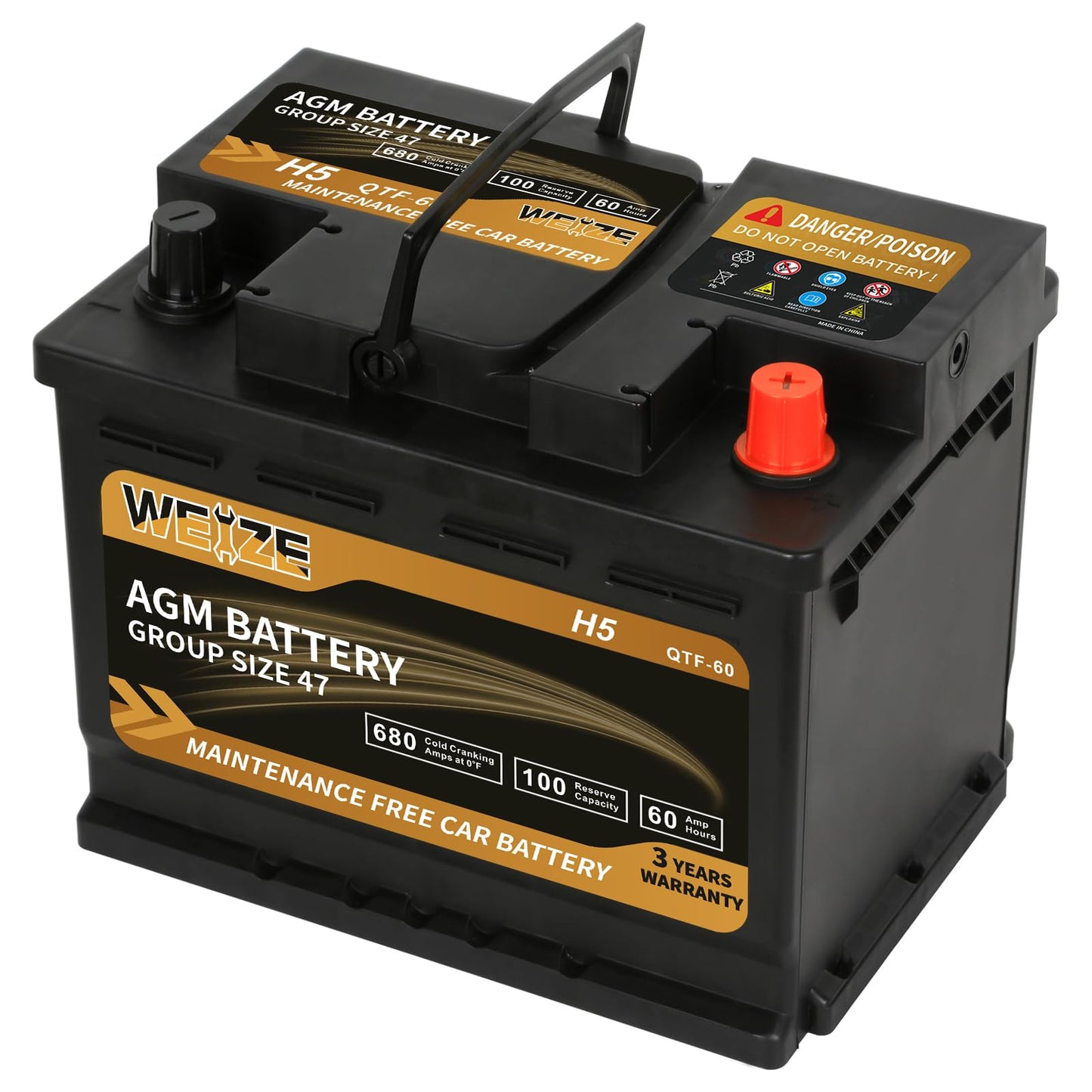 Weize Platinum AGM Battery BCI Group 47-12v 60ah H5 Size 47 Automotive Battery, 100RC, 680CCA, 36 Months Warranty, Dimensions 9.52" L x 6.89" W x 7.48" H