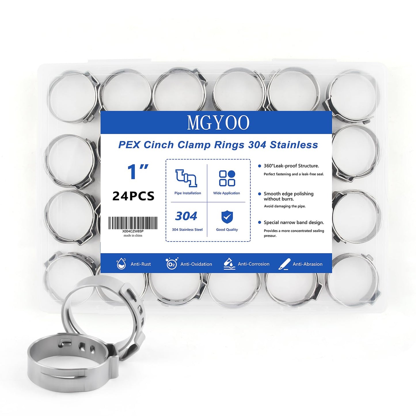 MGYOO 1 Inch PEX Clamps 24pcs Crimp Rings Single Ear Hose Clamps Stainless Steel Fittings Cinch Clamp Ring for Pipe Tubing