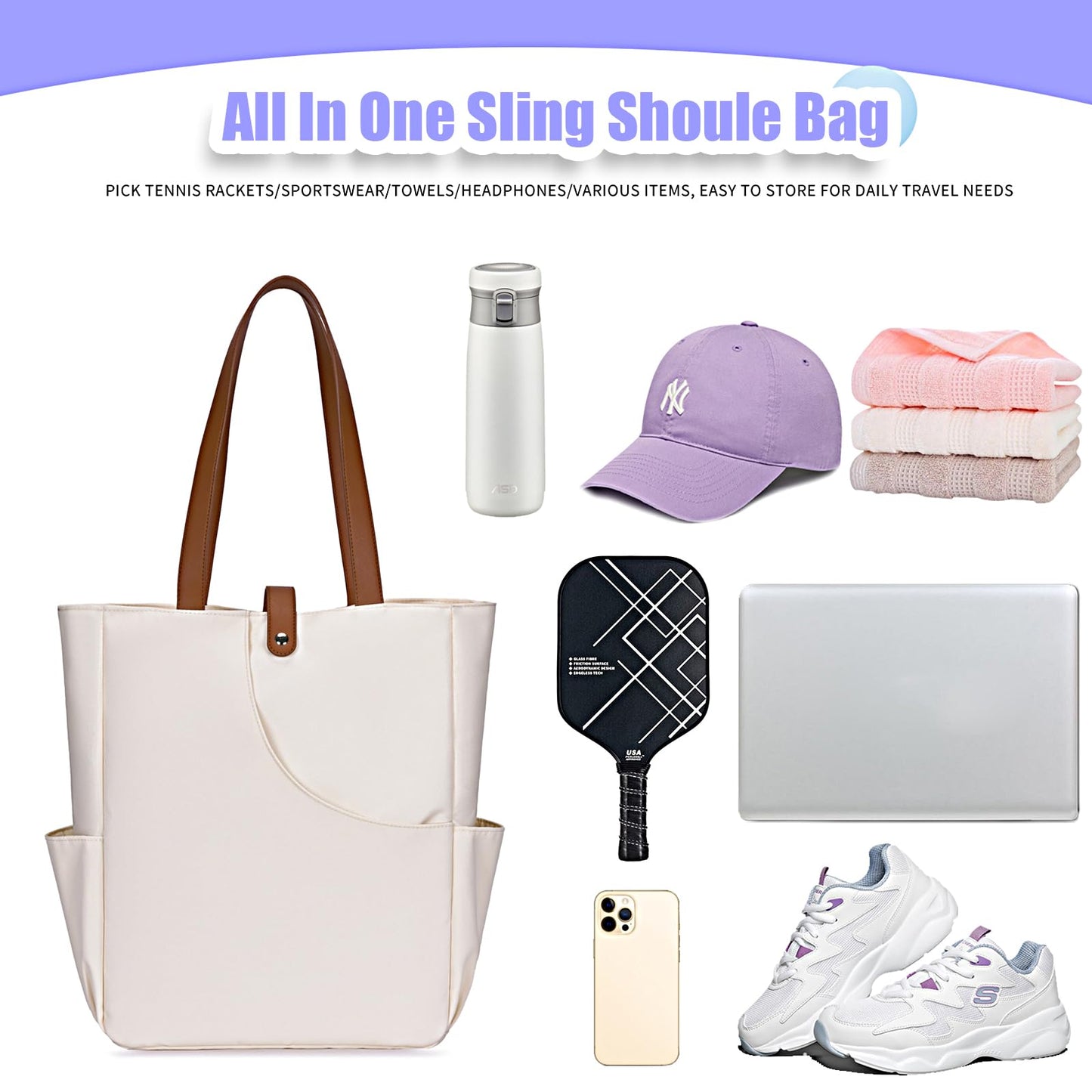 JIOWRT Pickleball Bags for Women and Men, Pickleball Gifts for Women Sling Backpack, Pickle Ball Tote Handbag with Pocket Cover Fits 2 Pickle Ball Paddles Essentials Accessories (Off White)