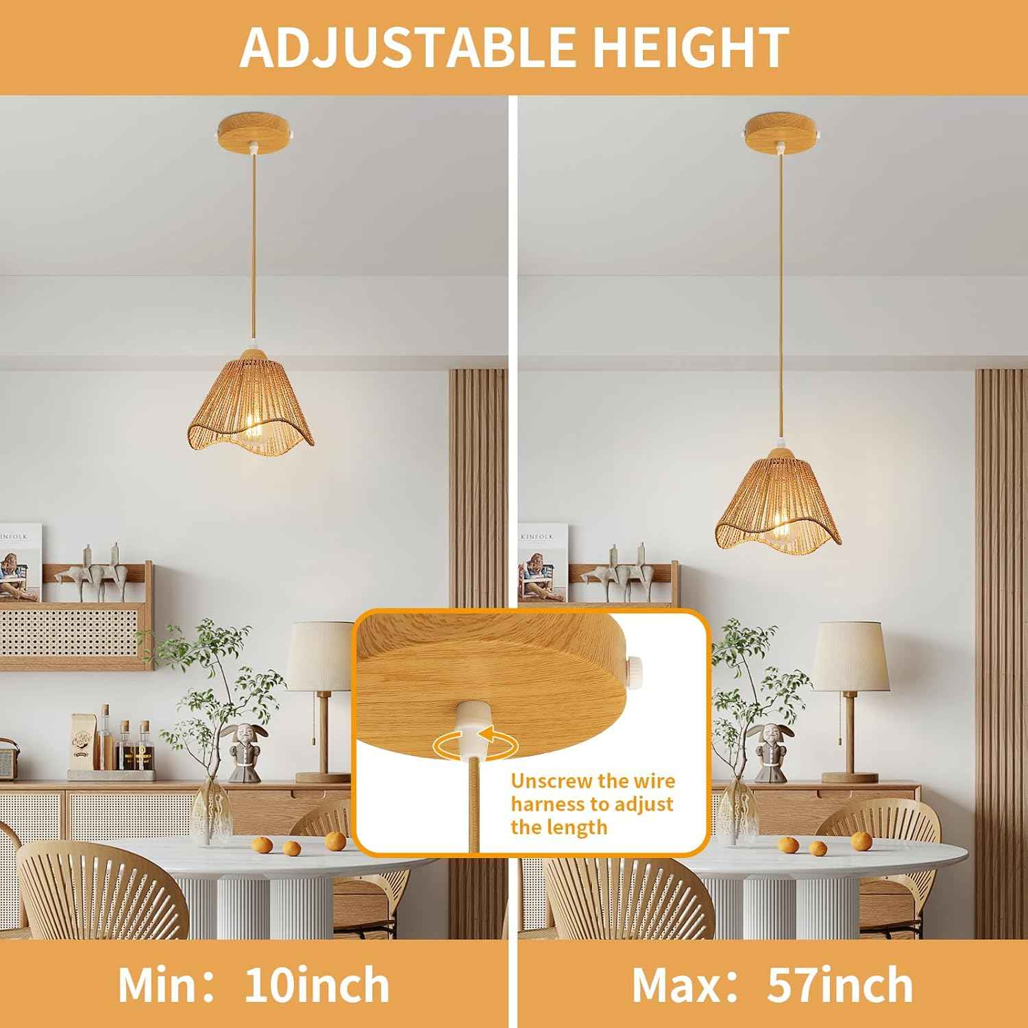 Rattan Chandelier Pendant Lights - 3 Pack Adjustable Height Boho Farmhouse Ceiling Fixtures for Kitchen & Dining Room