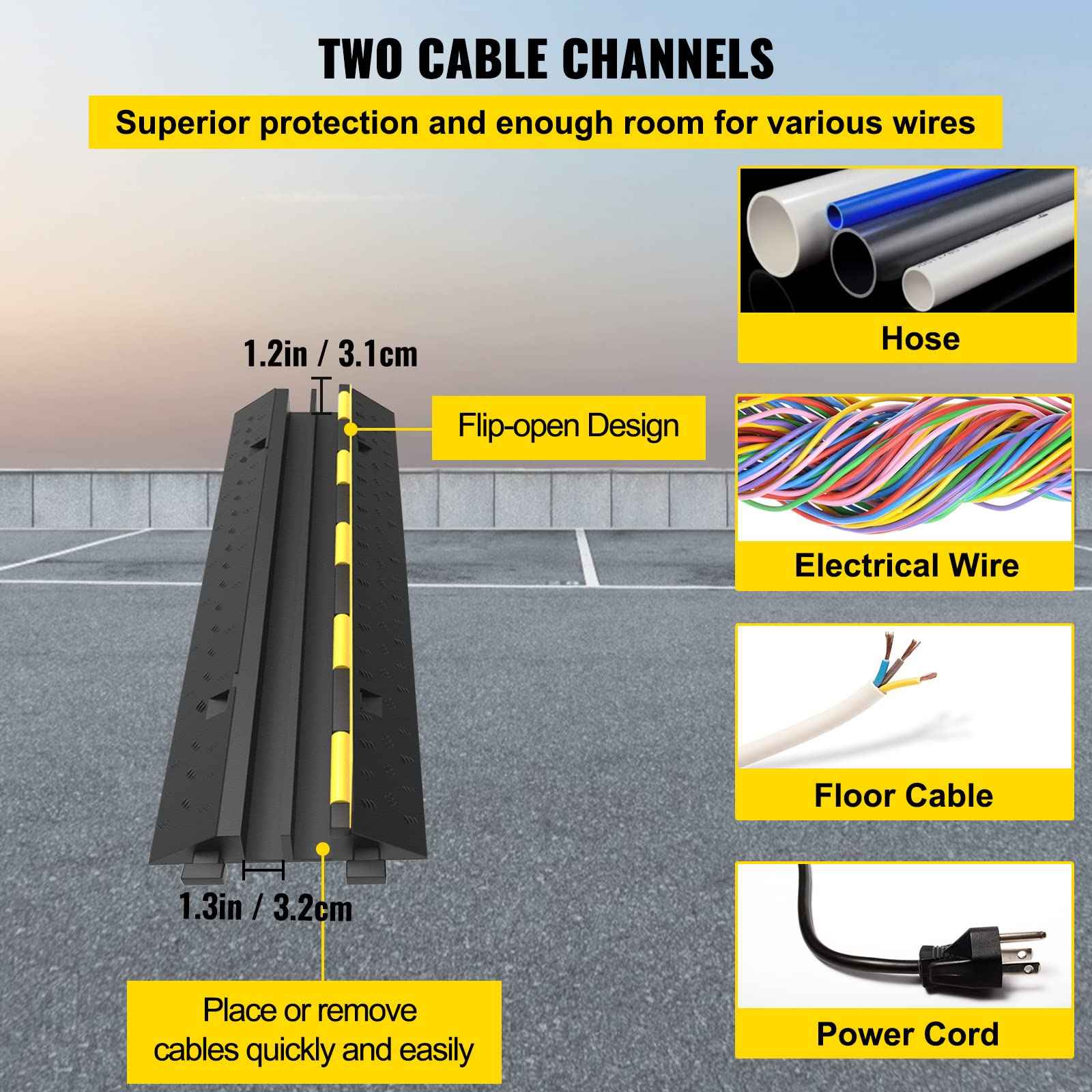 VEVOR Cable Protector Ramp, 4 Packs 2 Channels Rubber Modular Speed Bumps Rated 11000 LBS Load Capacity, Protective Wire Cord Ramp Driveway Rubber Traffic Speed Bumps Hump Cable Protector
