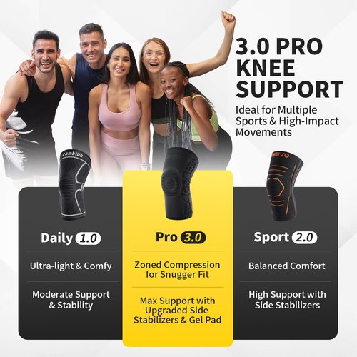 CAMBIVO Elite Motion Series Knee Brace for Men and Women (2 Pack), Knee Compression Sleeves with Patella Gel Pad and Side Stabilizers for Knee Pain Relief, Running, Workouts, Sports (Black, Large)