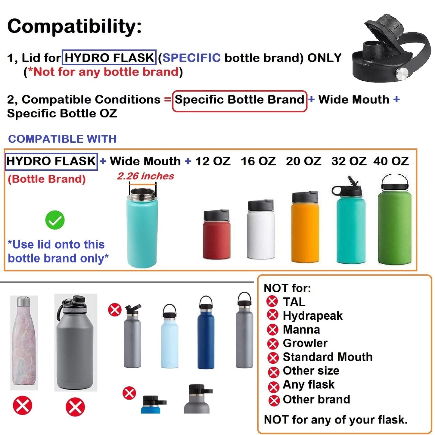 Lid for Hydroflask 32 40 64 oz Wide Mouth, Replacement Chug Cap with Flex Handle Fits Hydro Flask 12 16 20 Ounce Kids Bottle, BPA Free Dishwasher Safe,Water Bottle Accessories Top, Black-2 Pack