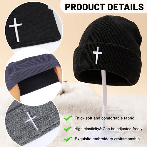 Black Beanie for Men Women Embroidery Christian Cross Jesus Beanies Hats for Men Unisex Christian Knit Warm Winter Hat for Men Women Cuffed Knitted Beanie Hat Chemo Cap Headwear Christ