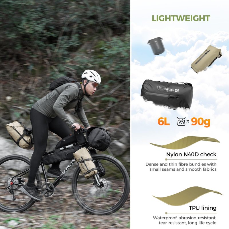 QUNATURE Bike Front Fork Bag Waterproof 3L/6L/12L, Ultralight with Side Zipper & Quick-Compress Roll System, Fully-Taped TPU Nylon, Mount on Fork/Handlebar/Rack for MTB Road Bike, Black Medium