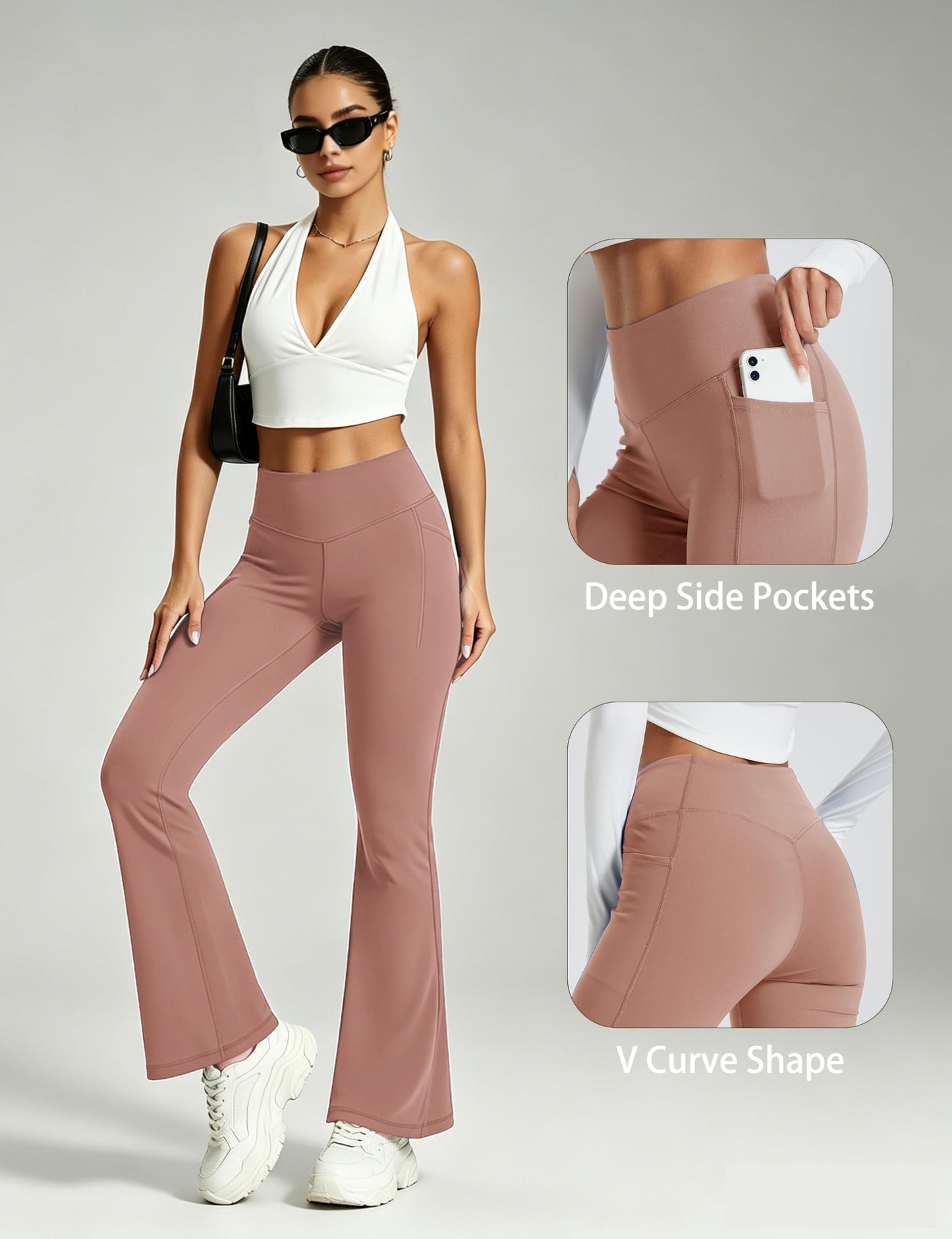 MAGCOMSEN Women's Yoga Pants with Pockets Flare Leggings High Waisted Bell Bottom Bootcut Workout Dress Pants Stretchy Soy Pink L