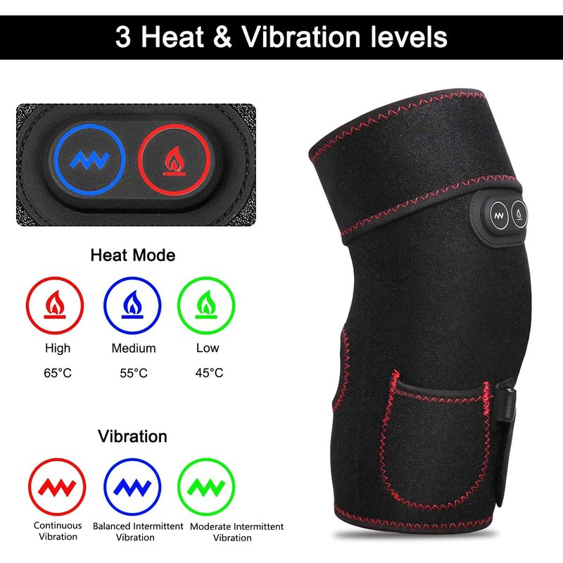 PKSTONE Heated Knee Brace Wrap, 3 Adjustable Heat and Vibration Massager for Arthritis Knee Pain Relief Massaging Knee Pad with AC Adapter (No Battery)