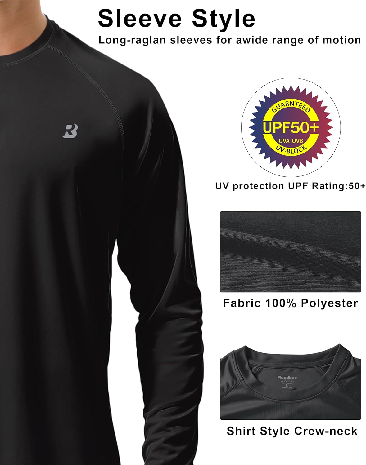 Roadbox Men's UV Sun Protection Shirt - UPF 50+ Long Sleeve Rash Guard for Outdoor Activities