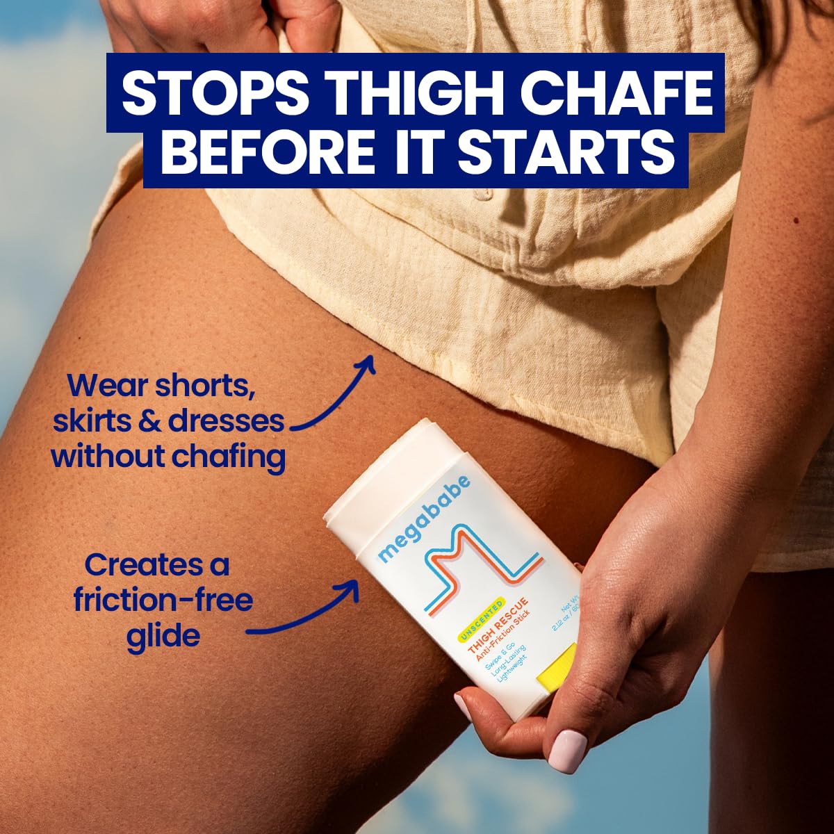 Megababe Unscented Thigh Rescue Anti-Chafe Stick | Prevents Skin Chafe & Irritation | Thighs, arms, bra-lines & more | Vacation and Hot Weather Essentials | 2.12oz