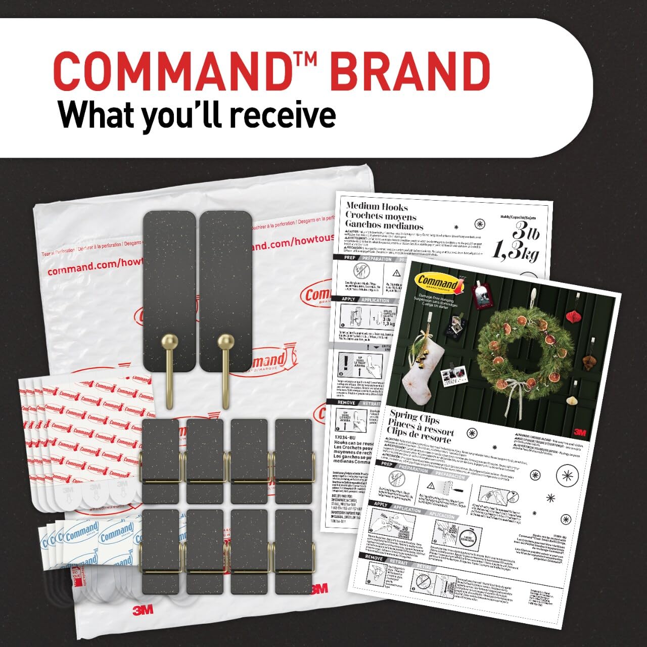 Command Mixed Hooks Pack, 10 Soot, 12 Strips (2 Medium Hooks, 8 Spring Clips), for Hanging Christmas Decorations