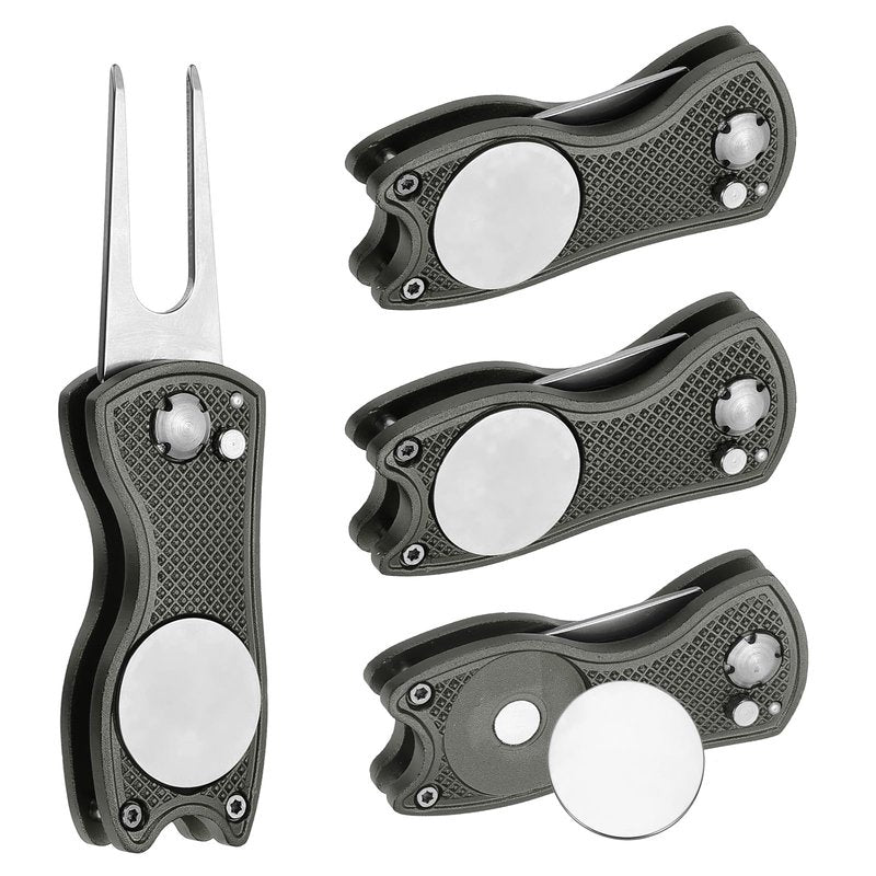 PATIKIL Golf Divot Repair Tool, 4 Pack Foldable Metal Golf Green Divot Tool with Magnetic Ball Marker & Stainless Steel Fork for Golfer, Grey