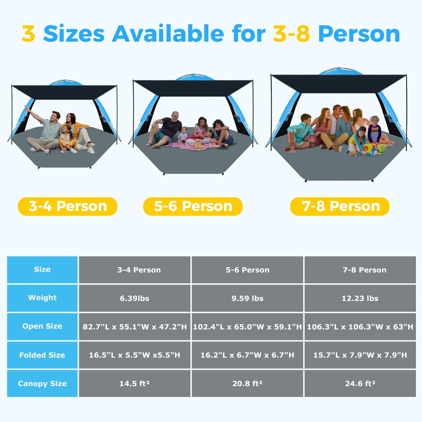 Gorich Beach Tent with Canopy - Easy Setup 3-4/5-6/7-8 Person Portable Sun Shelter, UPF 50+ UV Protection Sun Shade, Lightweight & Compact Beach Cabana for Family Travel