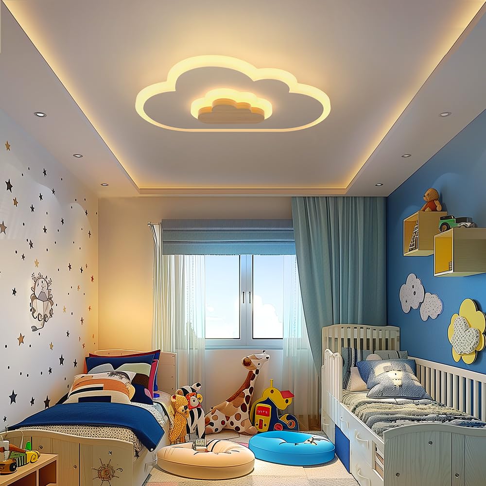 LED Wood Cloud Cartoon Kids Ceiling Light 23.62in - 3000-6500K with Nightlight - Bedroom Nursery Lamps for Girls & Boys