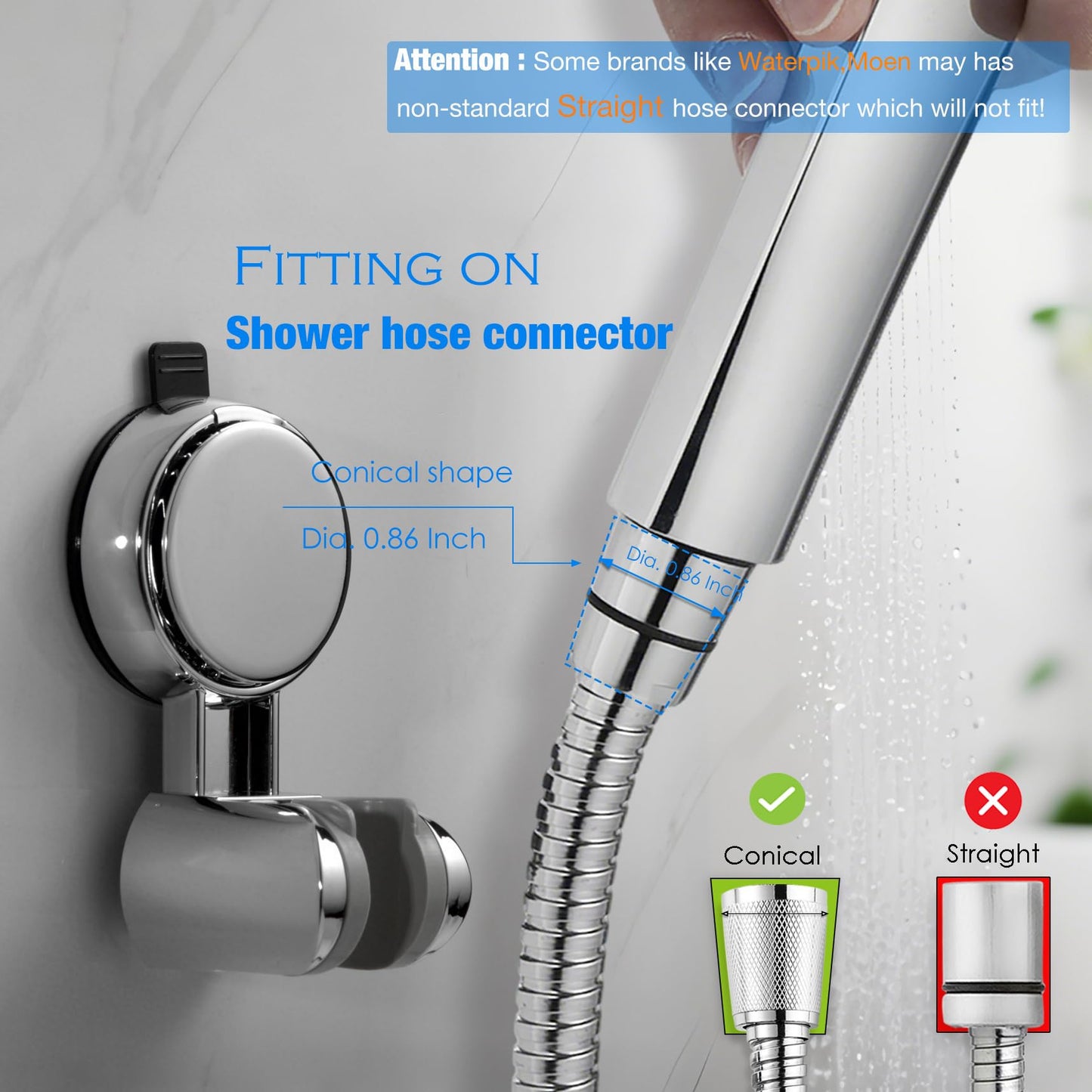 Suction Cup Hand held Shower Head Holder- Reusable - 5 Angles Adjustable - Bathroom Wall Mount Shower Wand Holder - Polished Chrome