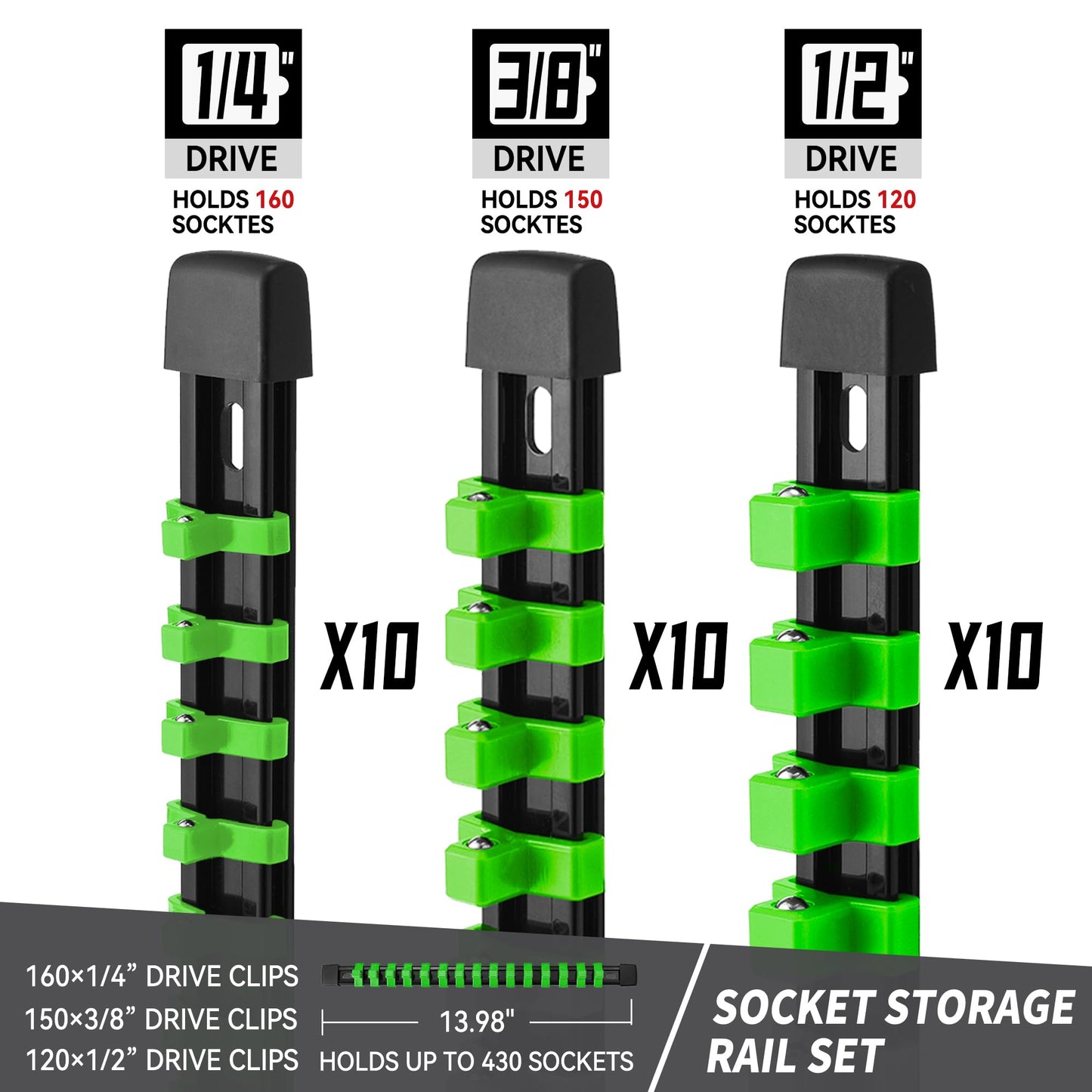 Reniteco Socket Organizer Drive ABS Tools - Green Socket Holder, Premium Quality 30 Pieces Socket Holders Kit 1/4-Inch x 160 Clips, 3/8-Inch x 150 Clips, 1/2-Inch x 120 Clips（30PC,Green)