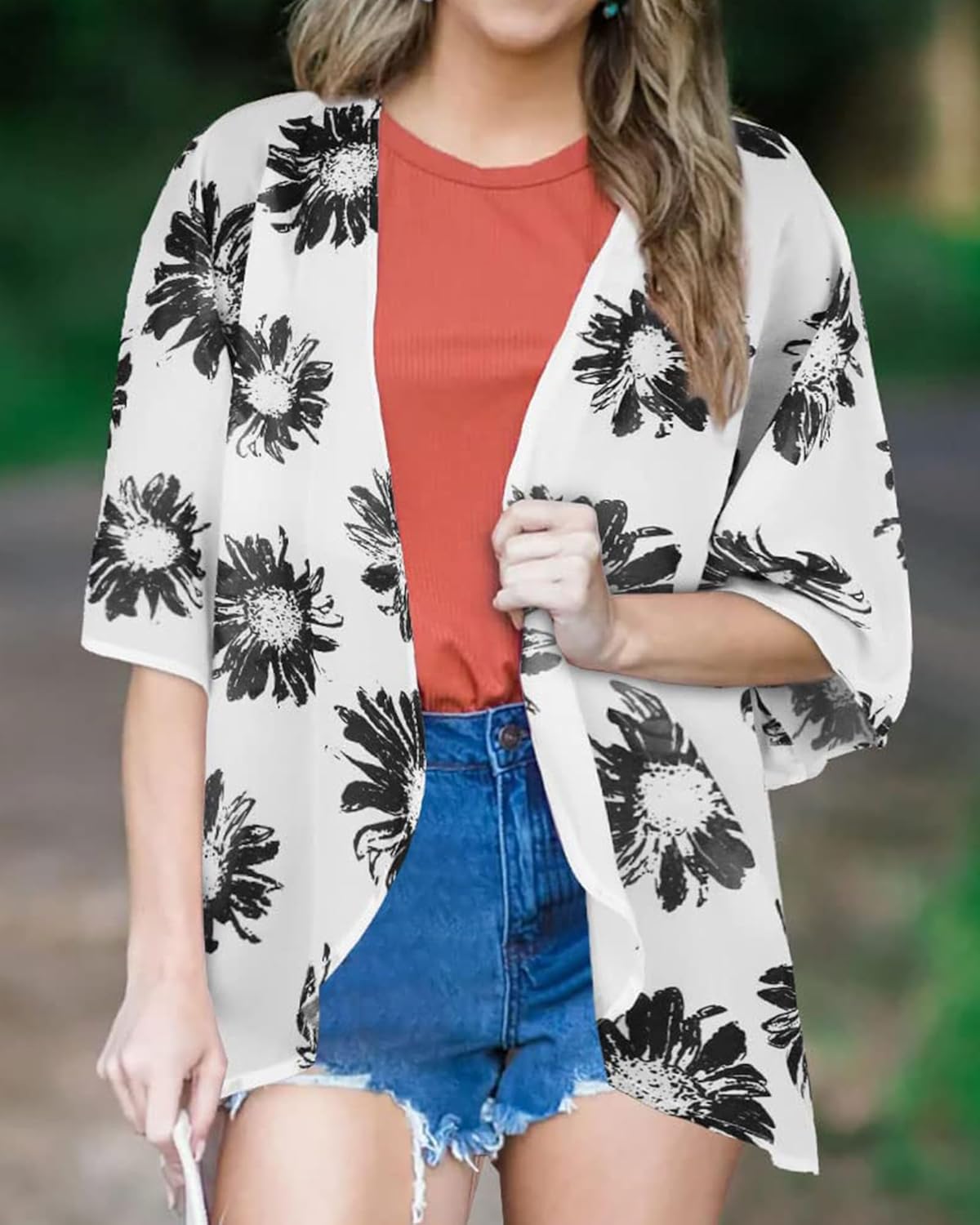 Skiennix Women's Floral Print Kimono Cardigan - Stylish Puff Sleeve Cover-Up Top