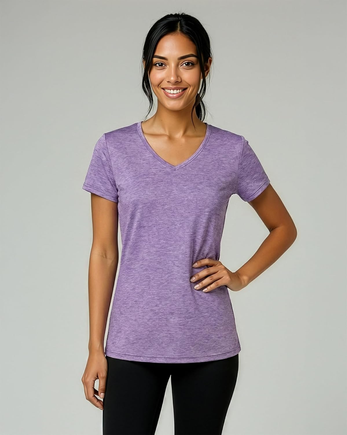Real Essentials Women's Dry-Fit Short Sleeve V-Neck T-Shirt - 5 Pack Yoga & Fitness Tops | Plus Size Available
