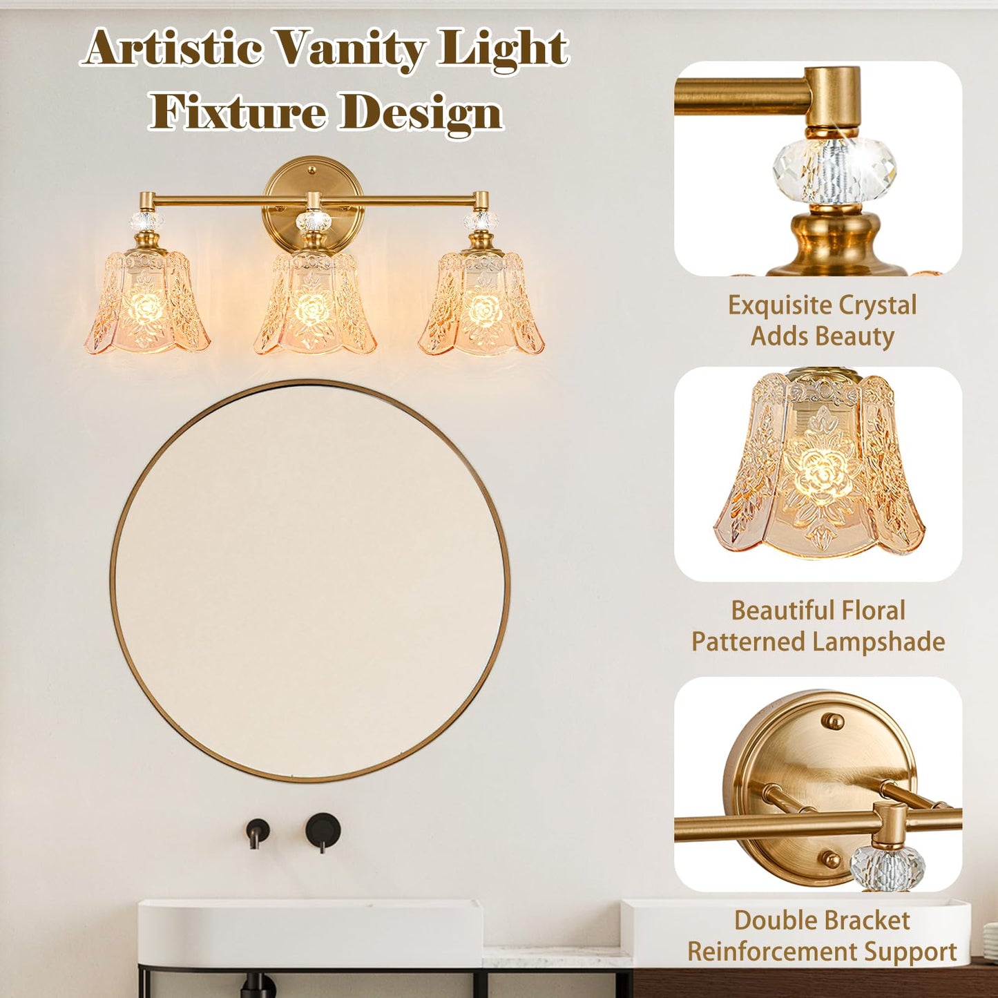sunkryster Gold Vintage Bathroom Vanity Light Fixture, 3-Light Bathroom Lighting Gold Finish with Amber Glass Shade, Retro ‎Brushed Gold Vanity Light for Bathroom