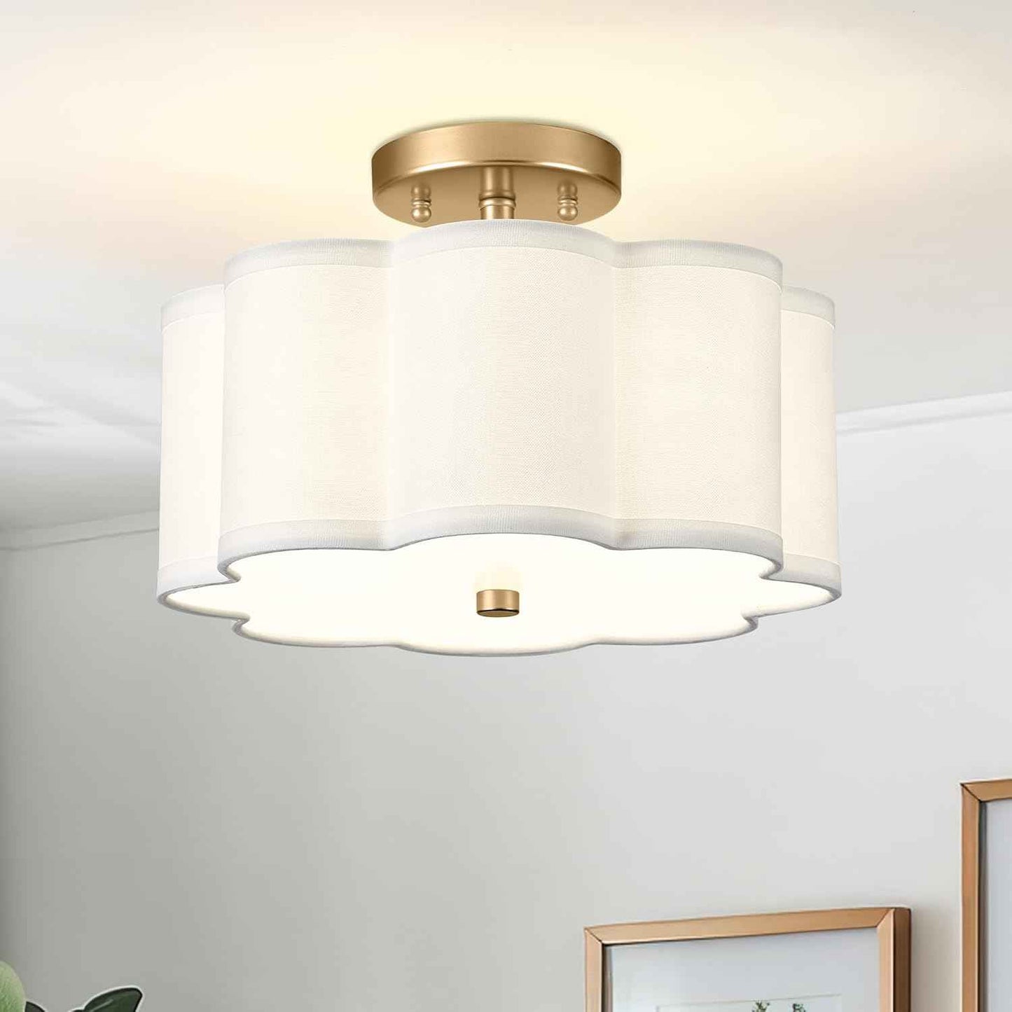 Gold 3-Light Semi Flush Mount Ceiling Light with Fabric Flower Shade - Farmhouse Brass Drum Fixture for Nursery, Hallway, Bedroom - Model AD-22007-3SF-GD