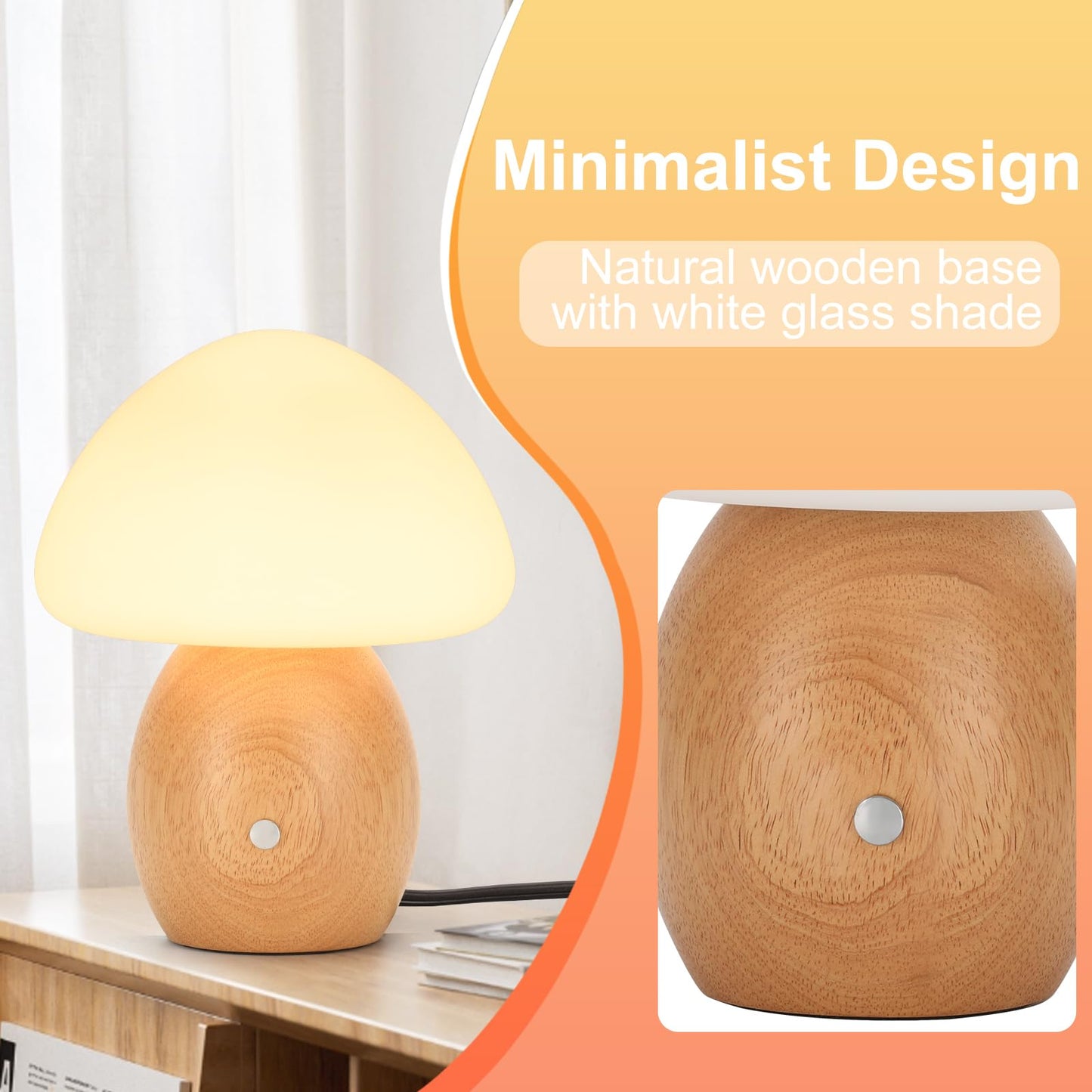 BNYFDC Mushroom Lamp with Touch Control Switch, Small Wooden Table Lamp with Glass Shade, 3 Way Dimmable Nightstand Lamp for Bedroom, G9 LED Bulb Included (Nature Wood&White Shade)