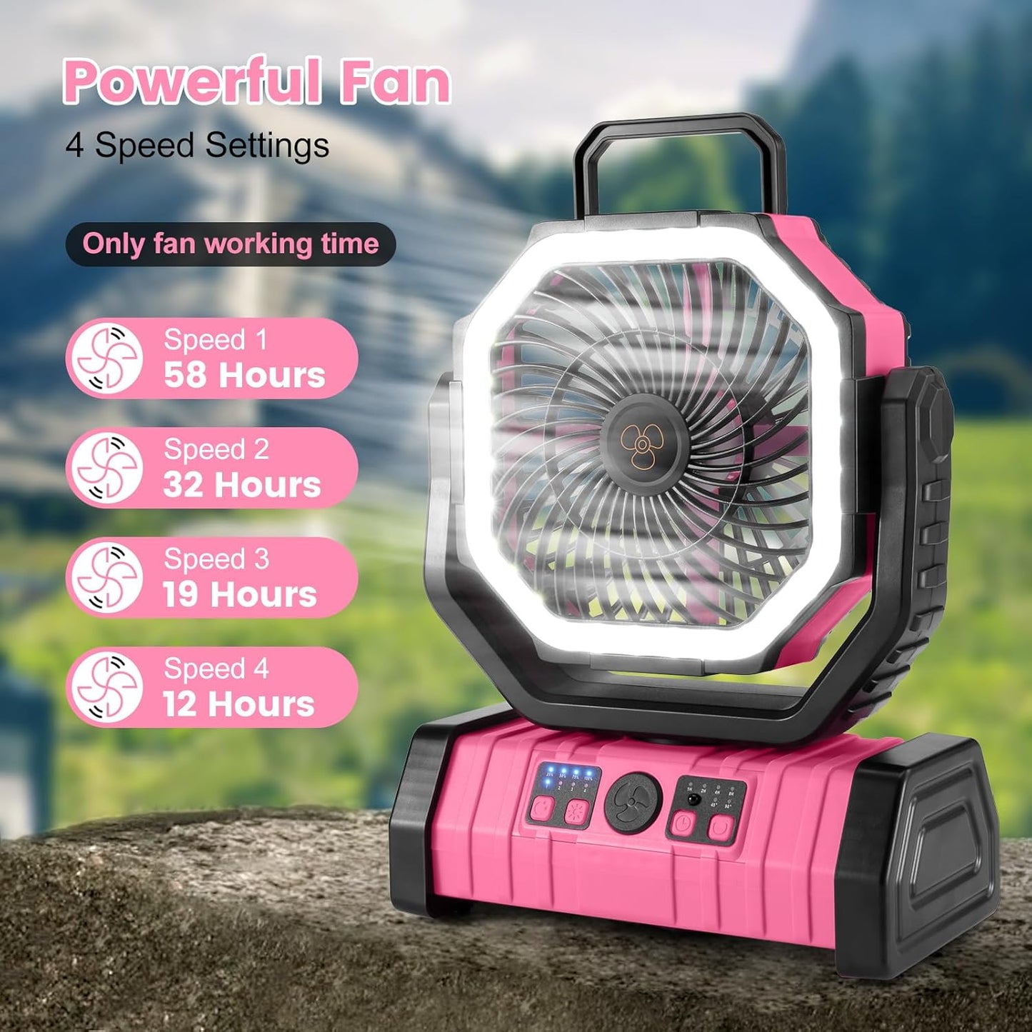 Odoland 30000mAh Camping Fan - Rechargeable LED Lantern with Remote, Oscillating Design, Pink