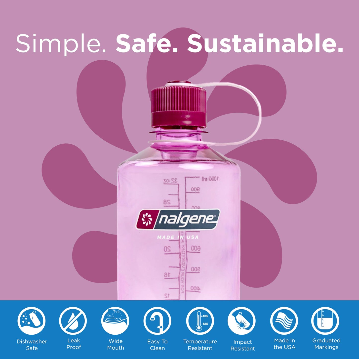 Nalgene Sustain Tritan BPA-Free Water Bottle Made with Material Derived from 50% Plastic Waste (using ISCC certified mass balance), 32 OZ, Narrow Mouth, Cosmo (Pack of 6)
