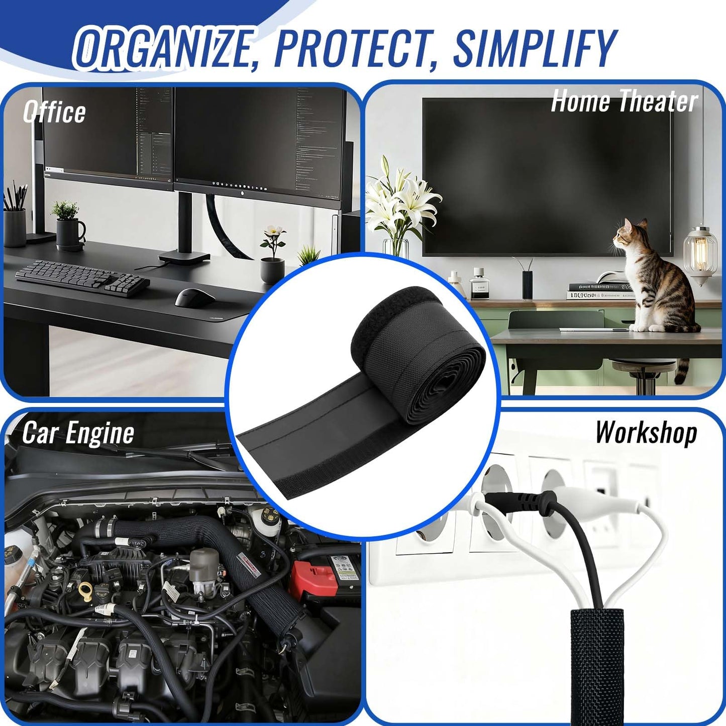 Flauzmann 1/2" - 6.6FT Chew Proof Cat Cord Protector（Hook & Loop Split Sleeve for Pets - Cat/Dog Proof Cable Management Sleeve for Office USB Computer Audio Cables, Flexible Wire Cover - Black
