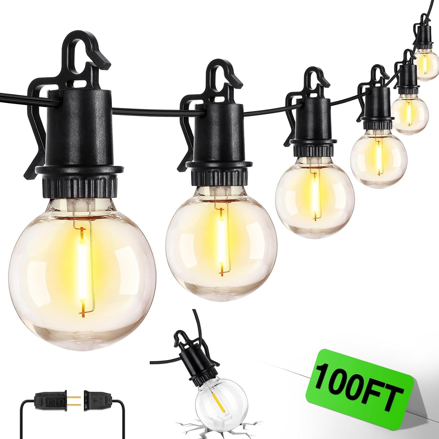 100FT Solar Powered String Lights with Remote - Waterproof G40 Patio Lights, 30 Shatterproof Bulbs, 3 Modes for Camping & Backyard