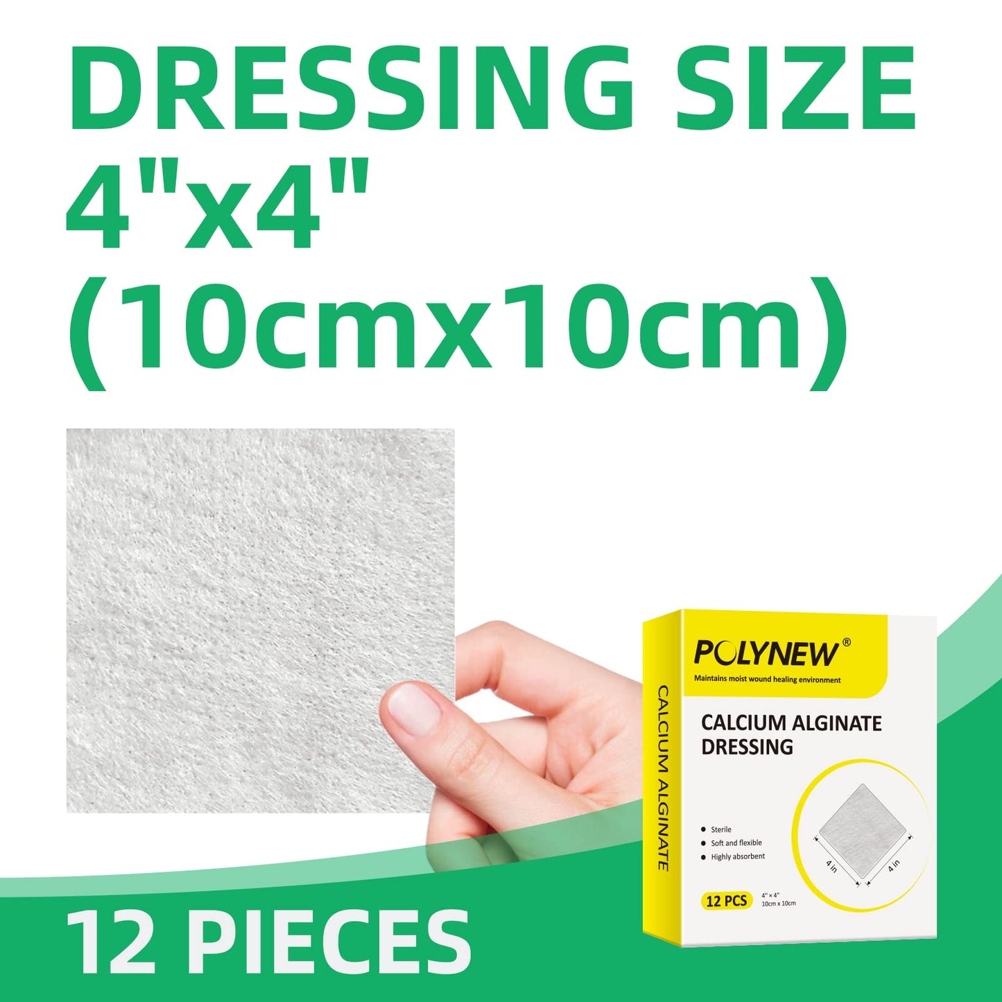 Polynew Calcium Alginate Wound Dressing, 4'' x 4''-12 Pcs/Box Soft and Highly Absorbent Pads, Home Health Care, Medical Supplies for Wound Care
