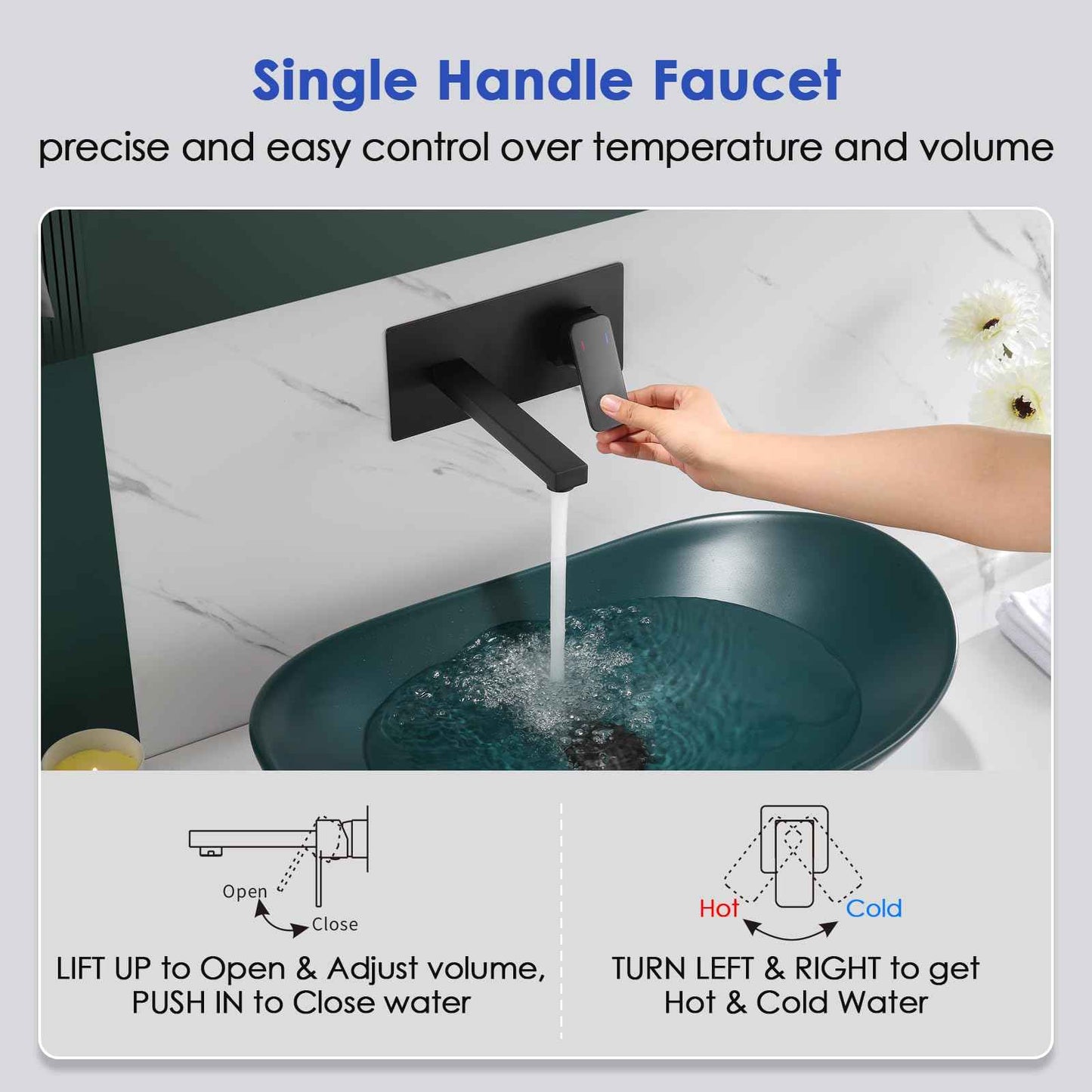 ROVOGO Wall Mount Bathroom Sink Faucet with Rectangular Spout and Rough-in Valve, Single Handle Single Hole Faucet for Bathroom Sink, 304 Stainless Steel, Black