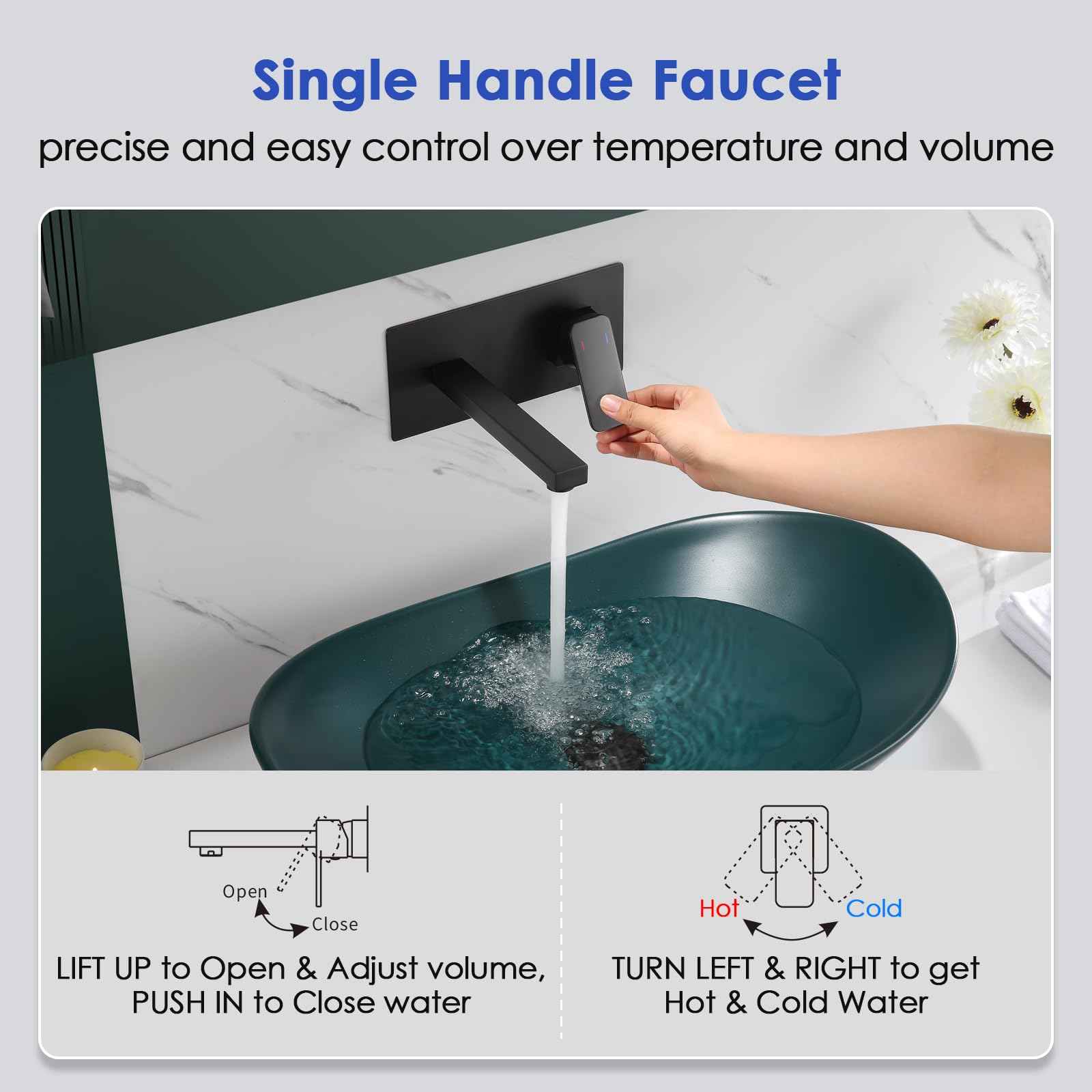 ROVOGO Wall Mount Bathroom Sink Faucet with Rectangular Spout and Rough-in Valve, Single Handle Single Hole Faucet for Bathroom Sink, 304 Stainless Steel, Black