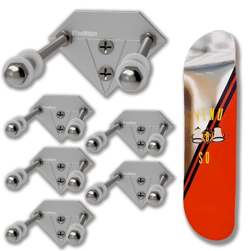 ATOOMTUZS Skateboard Wall Mount Display(6 Packs)-Aluminum Diamond Shape Skateboard Deck Wall Mount with Two Screw Holes for Horizontal and Vertical Hanging Skateboard Display Decor-(Sliver)