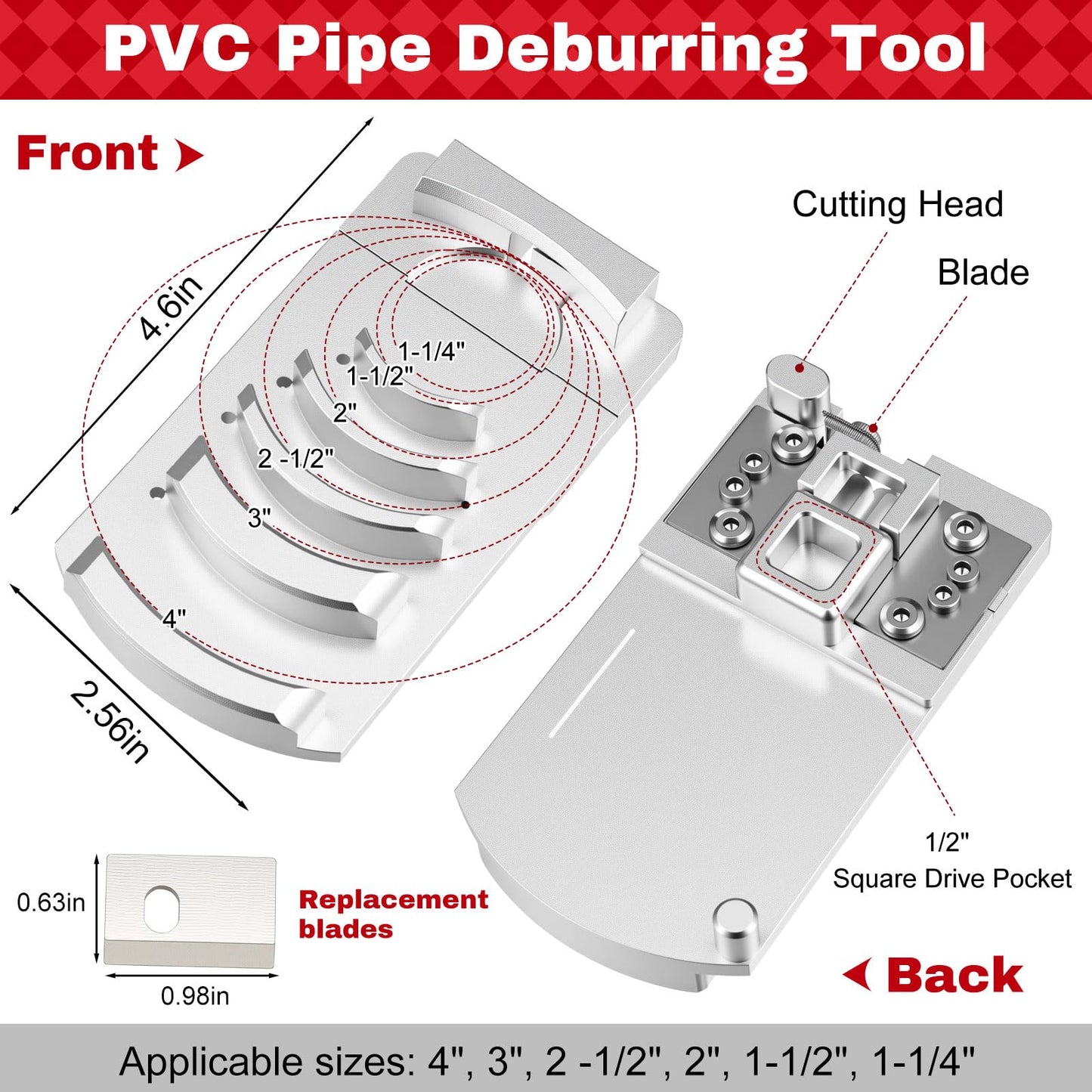 Blulu 11 Piece PVC Pipe Reamer Kit for 1/2" Drill, 1.5", 2", 3", 4" Reamer, Plumbing Tool Inside Pipe Cutter with Scale and 6 Blades, Chamfer Deburring Tool for PVC, Cpvc, ABS Fittings
