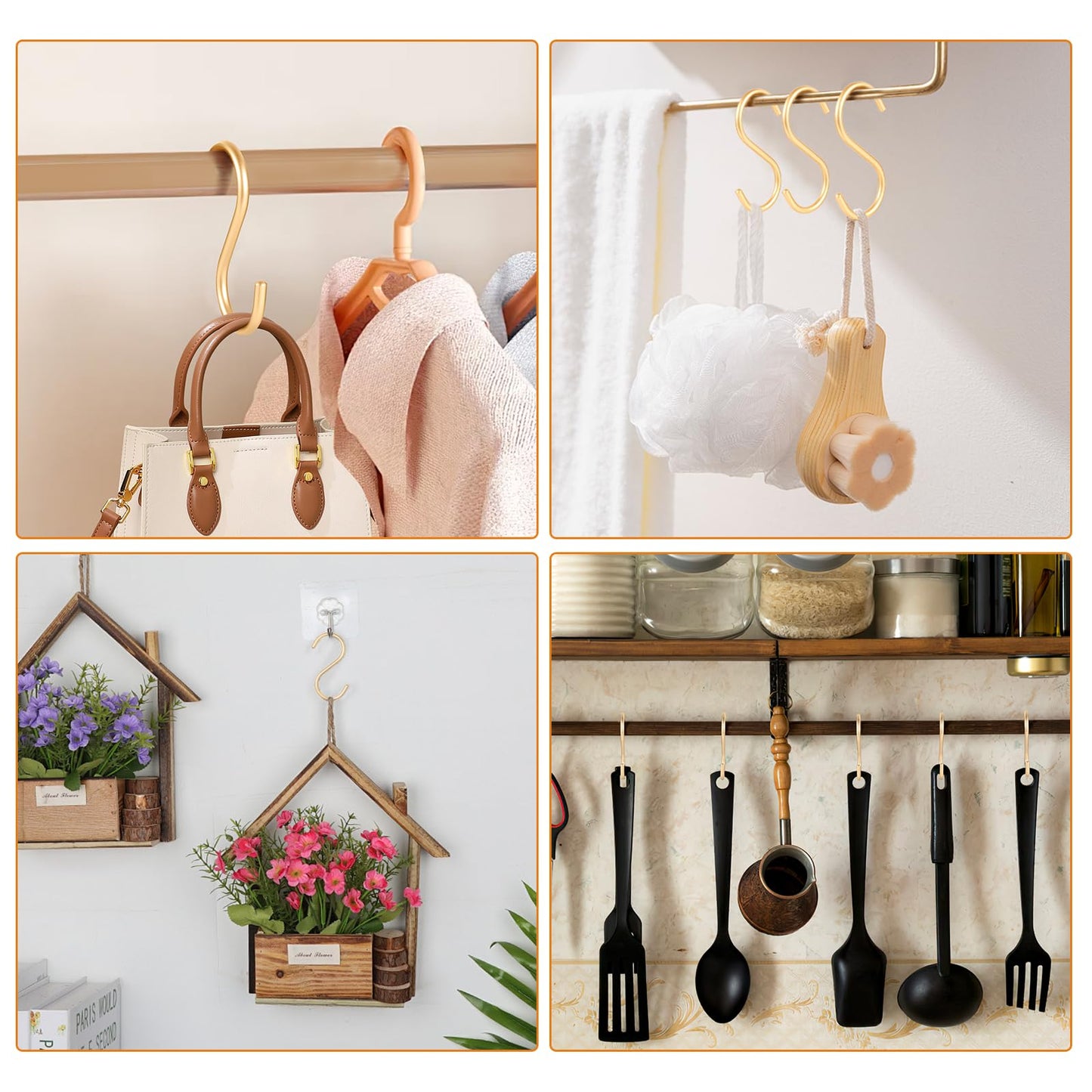 SIAMESE Aluminum S Hooks, 10 Pcs Medium Gold S Shaped Hooks for Hanging Plant, Jeans, Cups in Closet, Kitchen, Living Room, Bathroom or Outdoors (Medium, Gold)