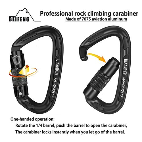 BEIFENG Auto Locking Carabiner 25KN Professional Rock Climbing Carabiner Obtained UIAA Certification Heavy Duty Carabiners Suitable for Rock Climbing, Camping, Rappelling, Rescue(All Black-2PCS)