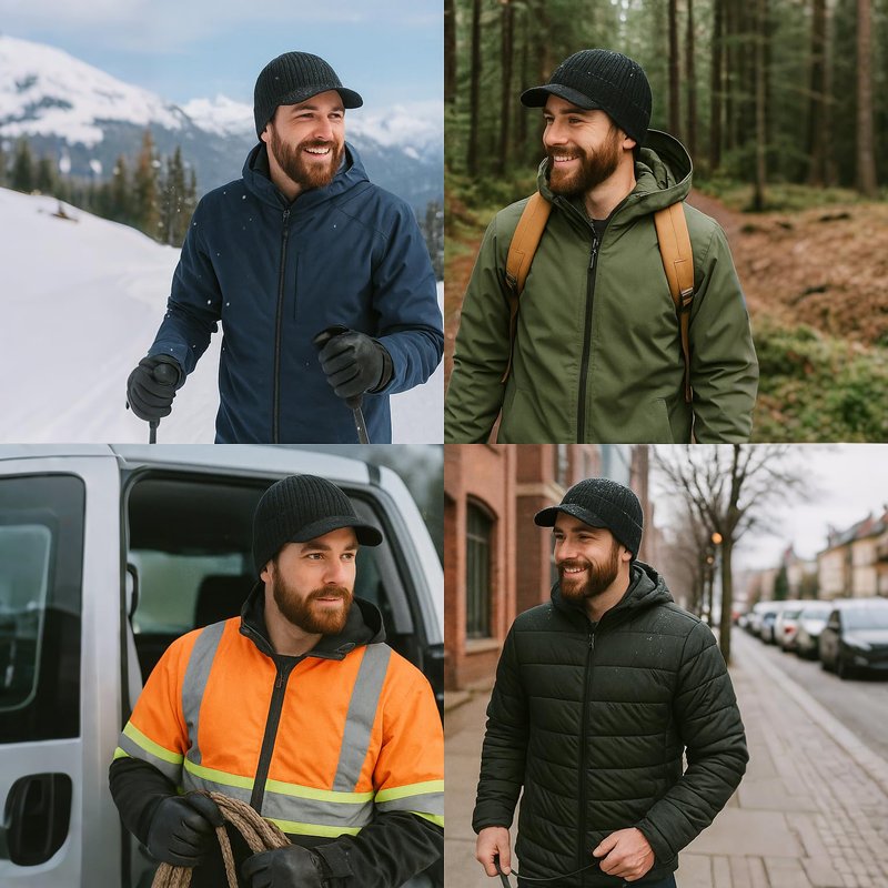 Plus Size M/L/XL/XXL Waterproof Merino Wool Beanie Hat with Brim Ear Flaps Fleece Lined Ski Cap for Cold Weather & Big Heads Black