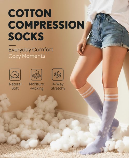 CTHH Thick Cotton Compression Socks for Women Men 15-20mmHg Cute Knee High Socks Support for Running, Travel, Nurses, Pregnant Women, Striped Stockings Cushioned, Beige/Light Grey, 2 Pack