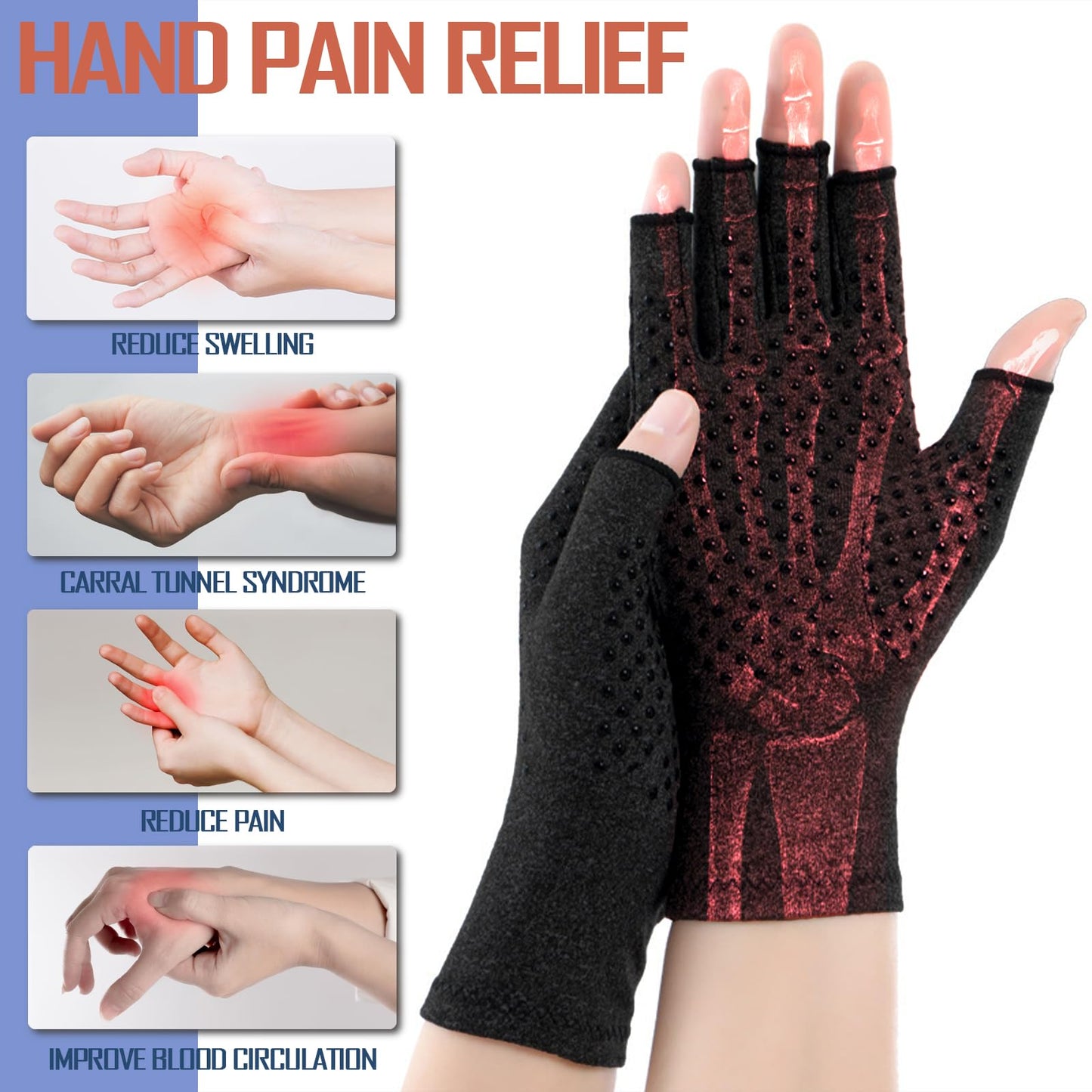 Beieverluck 6 Pairs Arthritis Compression Gloves for Women Men Fingerless Hand Compression Gloves for Typing, Driving and Work