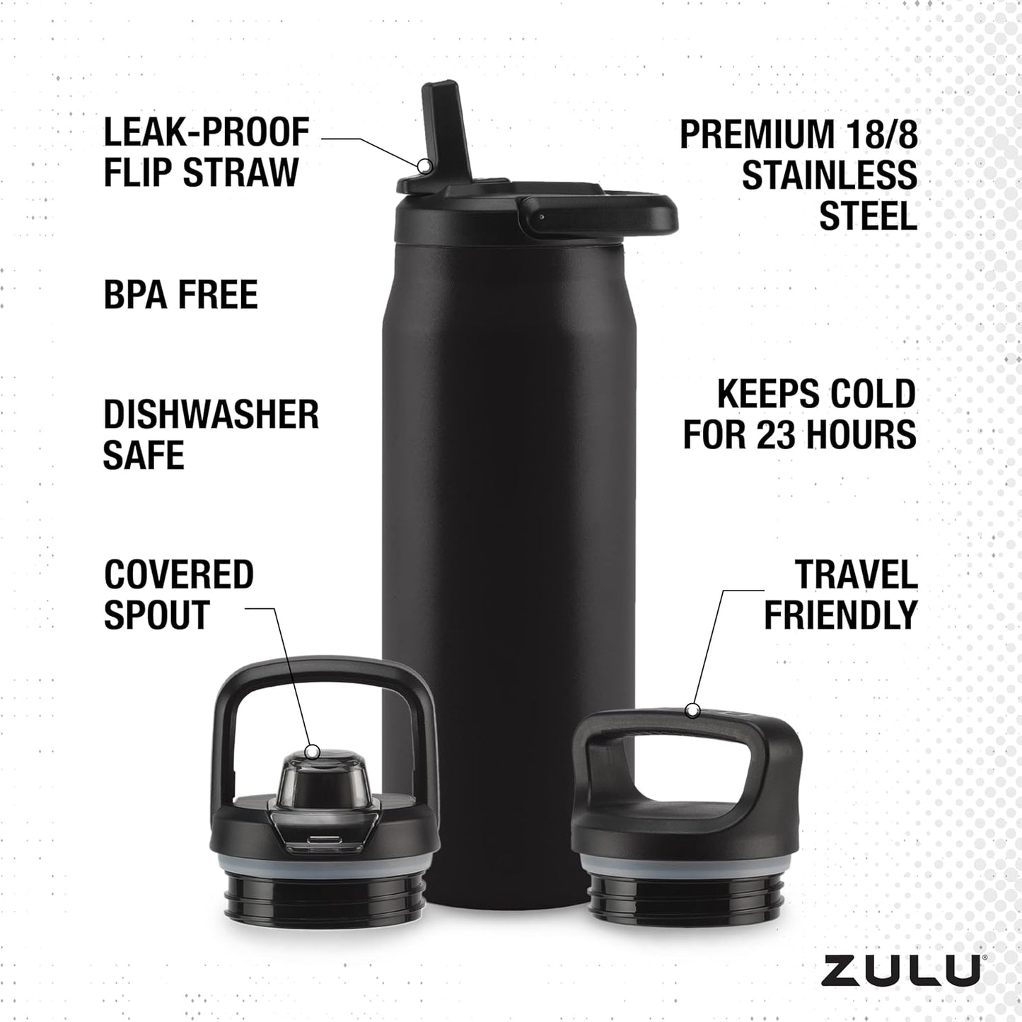 ZULU 32oz Stainless Steel Water Bottle - Double Walled, Vacuum Insulated | 3 Lids Included, Black