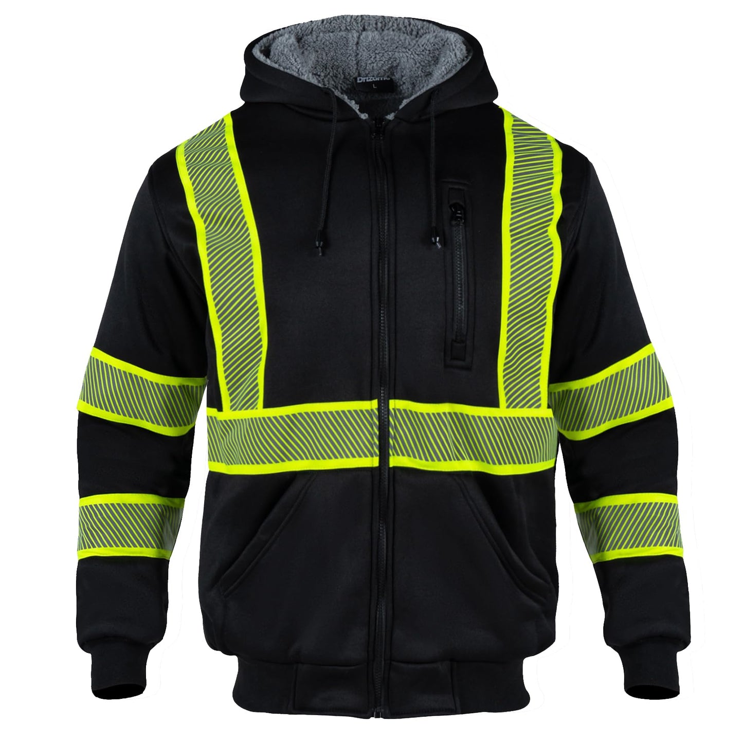 Drizomo High Visibility Sherpa Fleece Hoodie for Men Safety Reflective Sweatshirt ANSI Class 1 Hi Vis Jacket with Zipper(Black,XL)