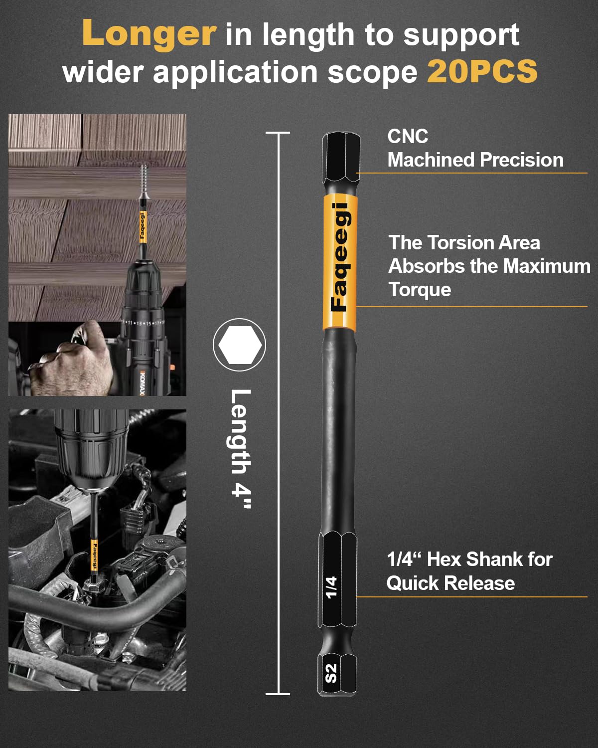 Faqeegi 20PCS 4" Hex Bit Set (Metric & SAE), High-Torque Resistant Impact Allen Wrench Bits, Premium S2 Steel 1/4" Hex-Shank, Magnetic CNC Tips for Drill & Driver
