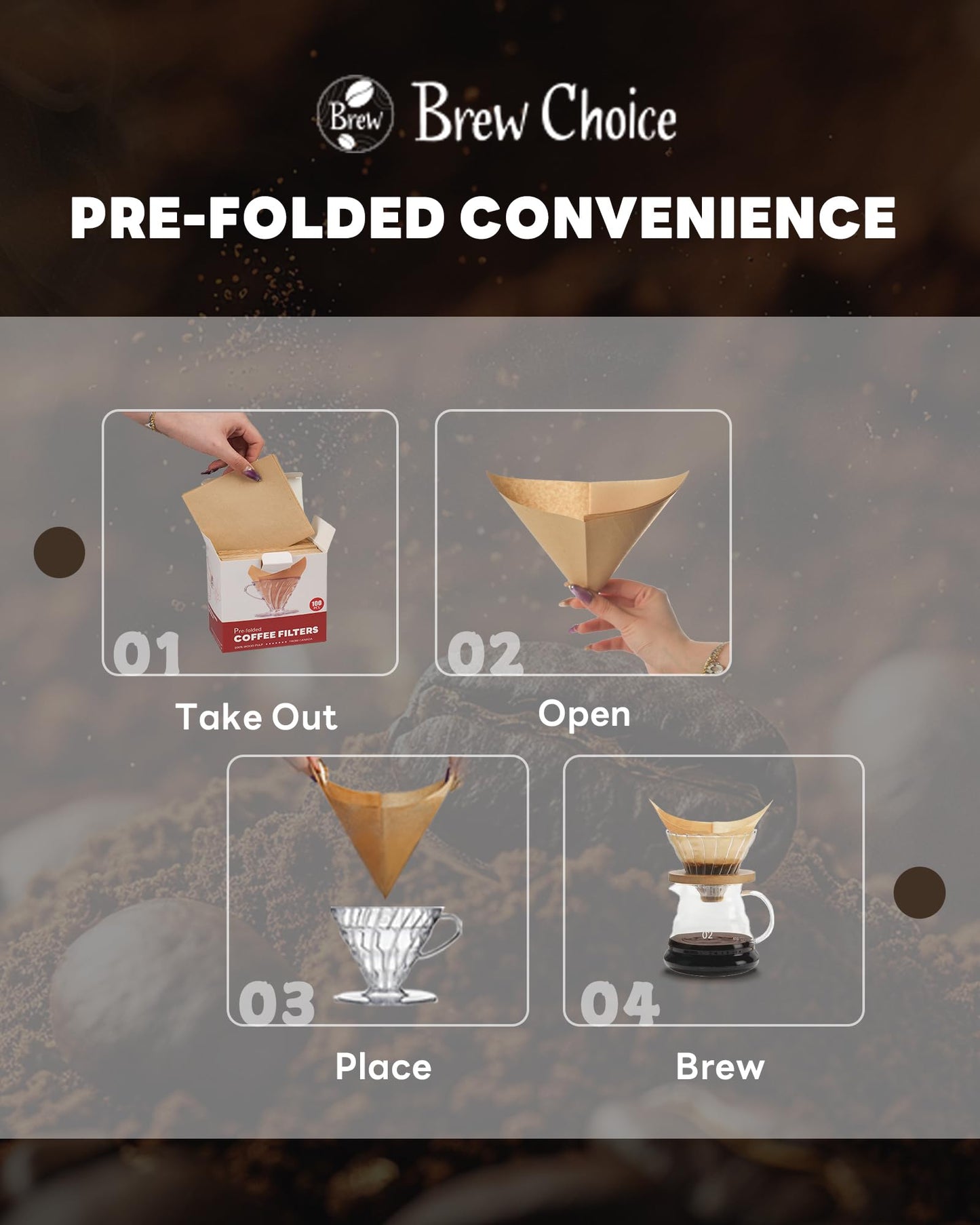 Brew Choice Pre-folded Unbleached Cone Coffee Filters, 100 Count Disposable Paper Filters Compatible with Hario V60 Size 02 Drippers, Bodum & 1-5 Cups Pour Over and Drip Coffee Makers